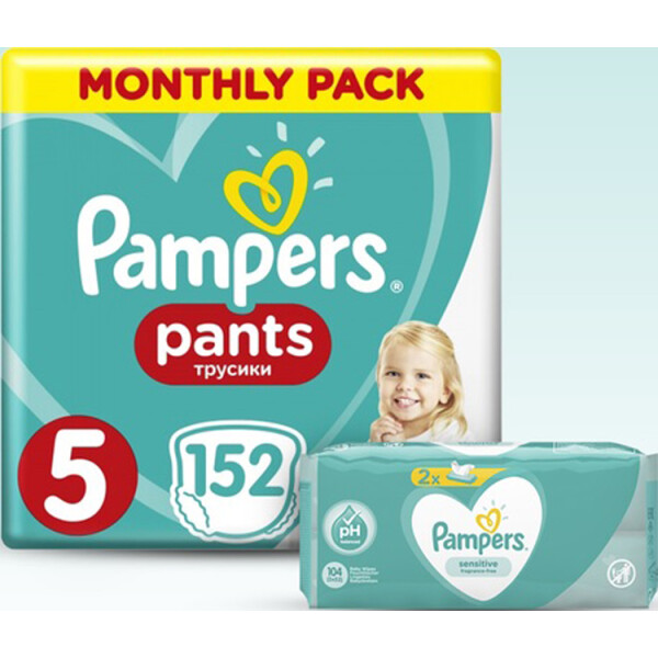 Набор Pampers: подгузники-трусики Pampers Pants 5 (12-17 кг), 152 шт. + влажные салфетки Sensitive, 104 шт. (2 уп. по 52 шт.)
Набор Pampers: подгузники-трусики Pampers Pants 5 (12-17 кг), 152 шт. + влажные салфетки Sensitive, 104 шт. (2 уп. по 52 шт.)