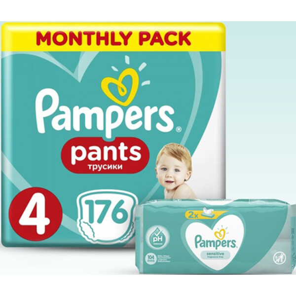 Набор Pampers: подгузники-трусики Pampers Pants 4 (9-15 кг), 176 шт. + влажные салфетки Sensitive, 104 шт. (2 уп. по 52 шт.)
Набор Pampers: подгузники-трусики Pampers Pants 4 (9-15 кг), 176 шт. + влажные салфетки Sensitive, 104 шт. (2 уп. по 52 шт.)
