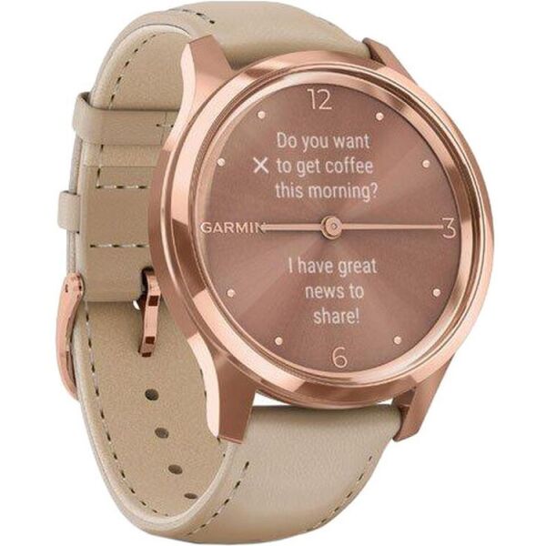 Garmin Vivomove Luxe 18K Rose Gold PVD Stainless Steel w. Light Sand Italian Leather B. (010-02241-01)
Garmin Vivomove Luxe 18K Rose Gold PVD Stainless Steel w. Light Sand Italian Leather B. (010-02241-01)