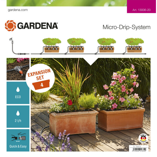 Комплект для расширения микрокапельного полива Gardena Micro-Drip-System на 4 цветочных ящика (13006-20)
Комплект для расширения микрокапельного полива Gardena Micro-Drip-System на 4 цветочных ящика (13006-20)
