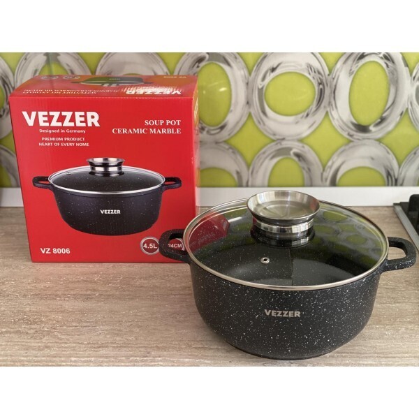 Кастрюля Vezzer, круглая, силиконовые ручки, антипригарное покрытие мрамор, алюминий, 4.5 л, черный
Кастрюля Vezzer, круглая, силиконовые ручки, антипригарное покрытие мрамор, алюминий, 4.5 л, черный