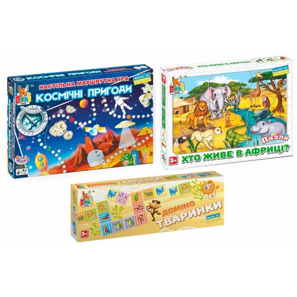 Набор Boni Toys Настольная игра Домино Животные + Космические приключения и Развивающие пазлы Кто живет в Африке (0202-349-547)
Набор Boni Toys Настольная игра Домино Животные + Космические приключения и Развивающие пазлы Кто живет в Африке (0202-349-547)