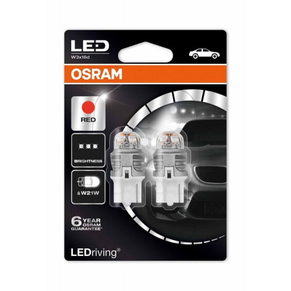 OSRAM Premium W21W 12V W3X16d RED. Комплект светодиодных красных авто ламп для стоп сигналов.
OSRAM Premium W21W 12V W3X16d RED. Комплект светодиодных красных авто ламп для стоп сигналов.