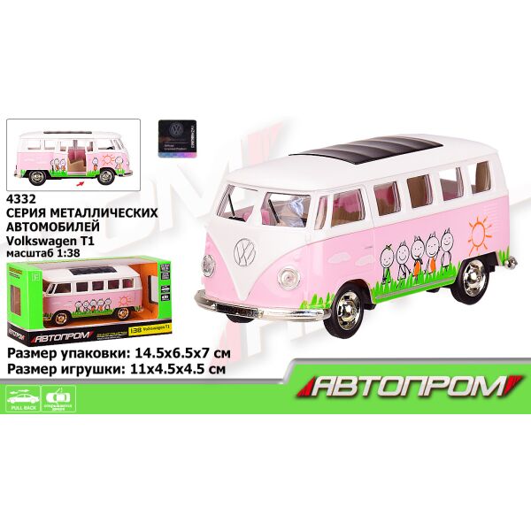 Автобус метал., "АВТОПРОМ", 1:38 Volkswagen T1, розовый цвет, откр.двери, в кор. 14,5*6,5*7см (96шт/2)
Автобус метал., "АВТОПРОМ", 1:38 Volkswagen T1, розовый цвет, откр.двери, в кор. 14,5*6,5*7см (96шт/2)