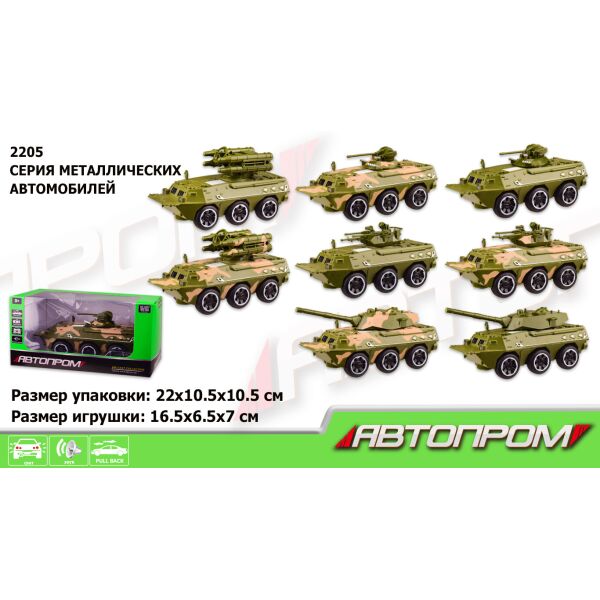 Военная техника метал. "АВТОПРОМ", бат., 4 вида по 2 цвета, свет, звук, в кор. 22*10,5*10,5см (48шт/2)
Военная техника метал. "АВТОПРОМ", бат., 4 вида по 2 цвета, свет, звук, в кор. 22*10,5*10,5см (48шт/2)