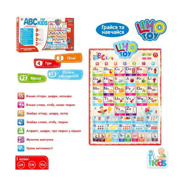 Плакат обуч. "LIMO TOY" РУС, АНГЛ, УКР, 45*62см, муз-звук, бат., в кор. 49*23*4см (24шт)
Плакат обуч. "LIMO TOY" РУС, АНГЛ, УКР, 45*62см, муз-звук, бат., в кор. 49*23*4см (24шт)