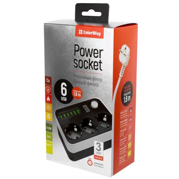 Сетевой фильтр питания ColorWay CW-CHЕ36B, 3 розетки/6USB Black 1.8M (CW-CHE36B)
Сетевой фильтр питания ColorWay CW-CHЕ36B, 3 розетки/6USB Black 1.8M (CW-CHE36B)