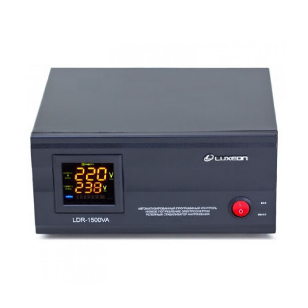 Стабилизатор напряжения релейный LUXEON LDR-1500, 1500VA, 1050ВТ, LCD, 6 ступеней, 140-260V, 220 ± 7%, 1 Shuko, Металл, White
Стабилизатор напряжения релейный LUXEON LDR-1500, 1500VA, 1050ВТ, LCD, 6 ступеней, 140-260V, 220 ± 7%, 1 Shuko, Металл, White