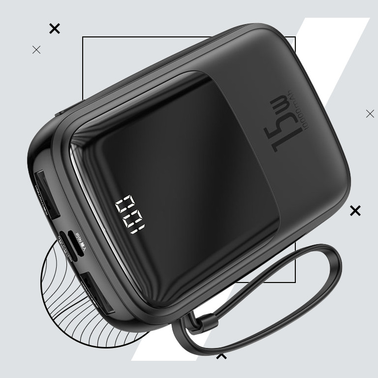 Lightning 10000mAh 15W 3A BASEUS Qpow Digital Display QC Power Bank Black От USB Пластик Быстрая зарядка Индикатор уровня заряда