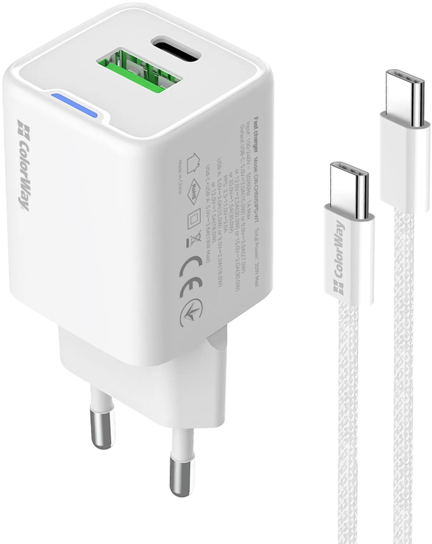 Зарядний пристрій Colorway GaN Mini 30W C+U + cable Type-C (CW-CHS053PDC-WT) білий
