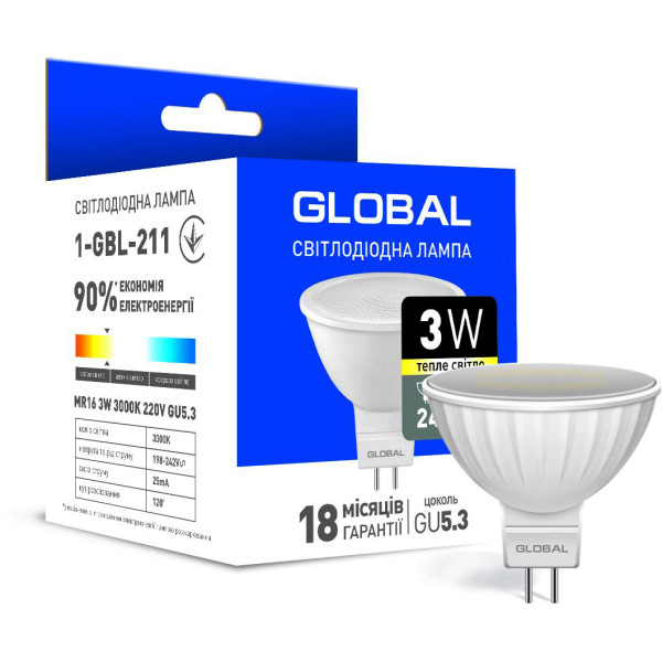 

Лампа светодиодная GLOBAL MR16 3W 3000K 220V GU5.3 (1-GBL-211)