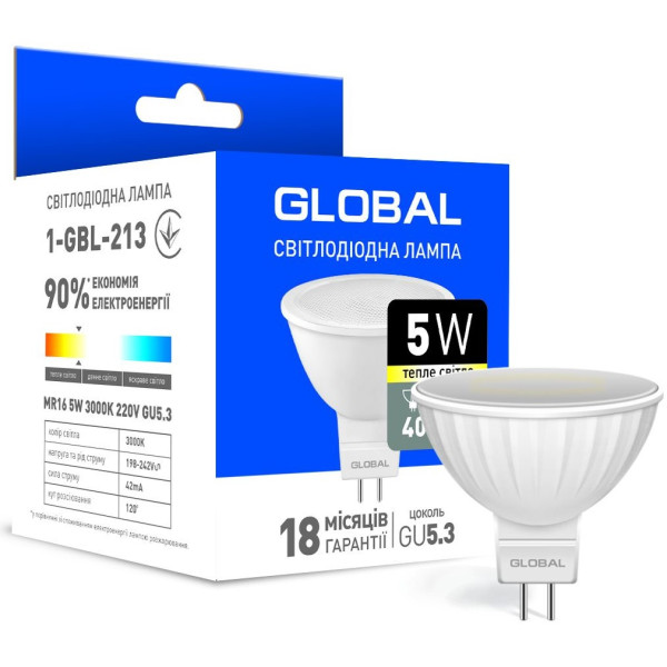 

Лампа светодиодная GLOBAL MR16 5W 3000K 220V GU5.3 (1-GBL-213)