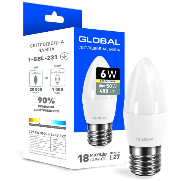 

Лампа светодиодная GLOBAL C37 6W 3000K 220V E27 (1-GBL-231)