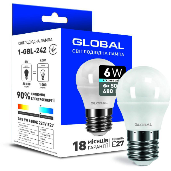 

Лампа светодиодная GLOBAL G45 6W 4100K 220V E27 (1-GBL-242)