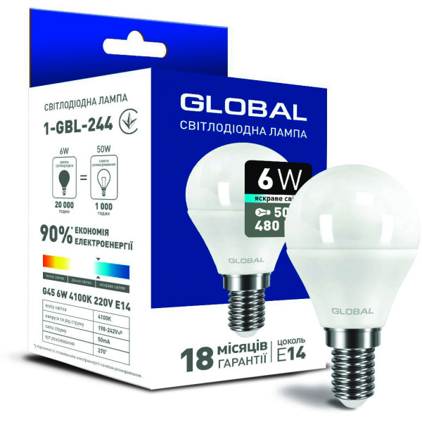 

Лампа светодиодная GLOBAL G45 6W 4100K 220V E14 (1-GBL-244)