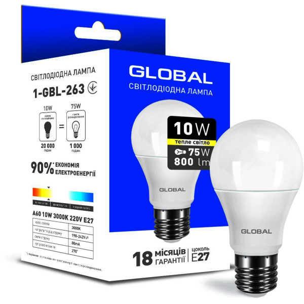 

Лампа светодиодная GLOBAL A60 10W 3000K 220V E27 (1-GBL-263)