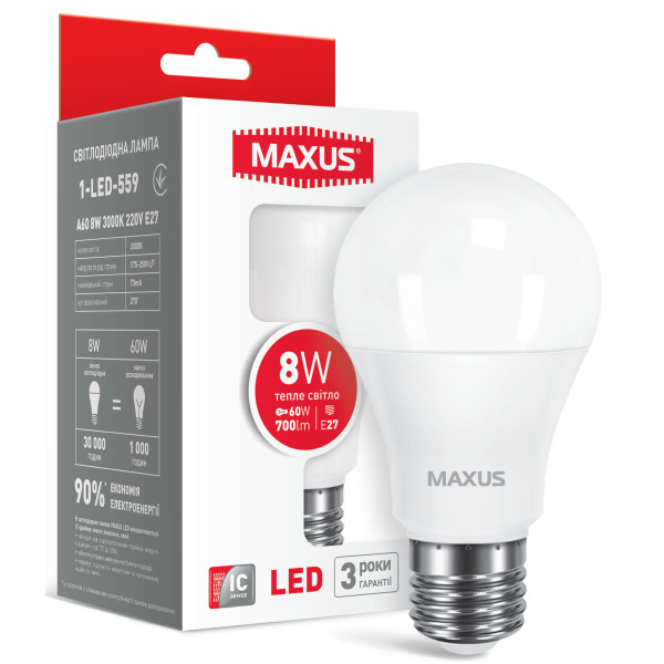 

Лампа светодиодная MAXUS A60 8W 3000K E27 (1-LED-559)