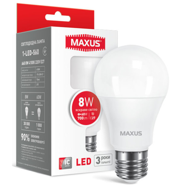 

Лампа светодиодная MAXUS A60 8W 4100K E27 (1-LED-560)