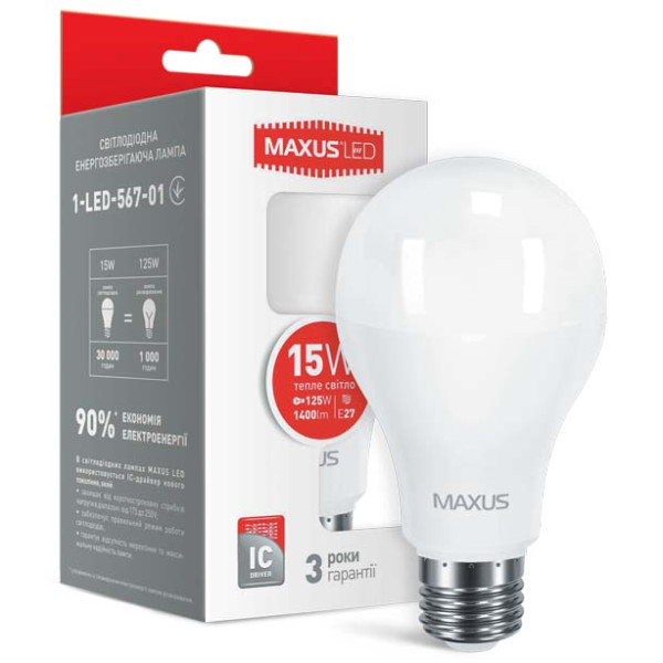 

Лампа светодиодная MAXUS A70 15W 3000K 220V E27 (1-LED-567-01)