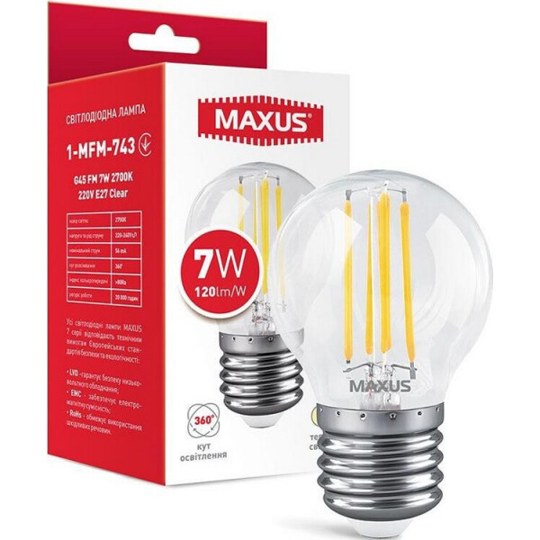 

Лампа филаментная G45 FM 7W 2700K 220V E27 Clear