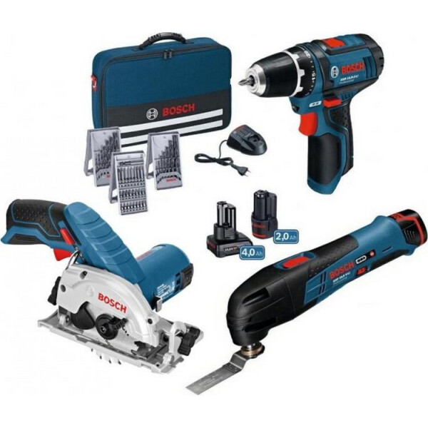 

Аккумуляторный шуруповерт Bosch GSR 12V-15 + Набор принадлежностей 39 шт.(0615990G6L) + Аккумуляторная дисковая пила Bosch GKS 12V-26 (06016A1001) + Аккумуляторный универсальный резак Bosch GOP 10,8 V-LI (0601858001) + Погружное пильное полотно AIZ 20 A