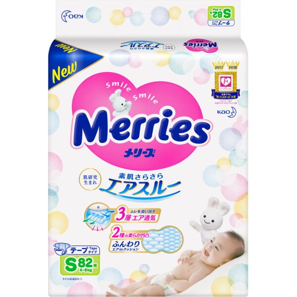 

Подгузники Merries для детей S 4-8 кг 82 шт (4901301230812)