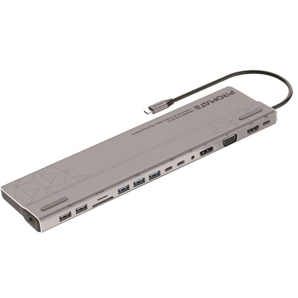 

Док станция 15-в-1 Promate BaseLink-Pro USB-C PD/HDMI/VGA/DisplayPort/3xUSB 3.1/2xUSB-C 3.1/2xUSB 2.0/RJ45/SD/MicroSD/AUX 3.5мм Grey (baselink-pro.black)