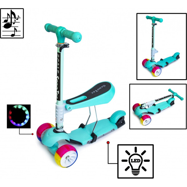 

Самокат Scooter 3 в 1 Tiffany. Складная ручка. Cо светом и музыкой! Широкие колеса