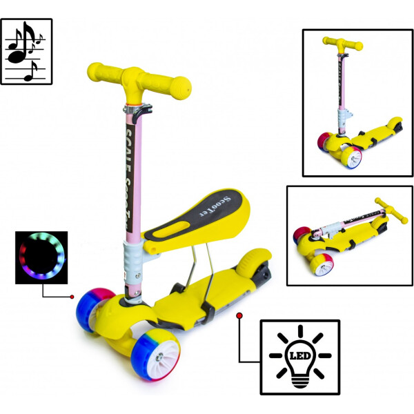 

Самокат Scooter 3 в 1 Yellow. Складная ручка. Cо светом и музыкой! Широкие колеса