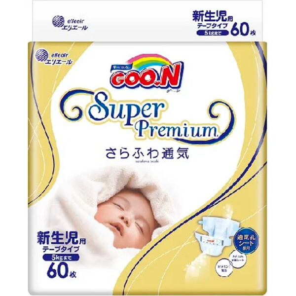 

Подгузники GOO.N SUPER PREMIUM для новорожденных до 5 кг (размер NB, на липучках, унисекс, 60 шт) (853115)