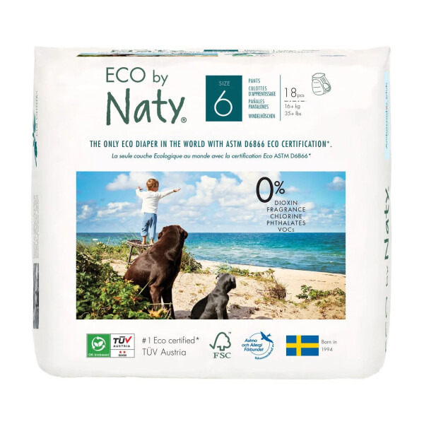 

Одноразовые детские трусики-подгузники "ECO BY NATY". Размер 6, 18 шт. в упаковке