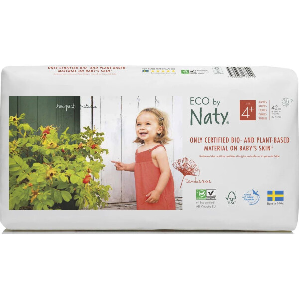 

Одноразовые детские подгузники "ECO BY NATY". Размер 4+, 42шт. в упаковке