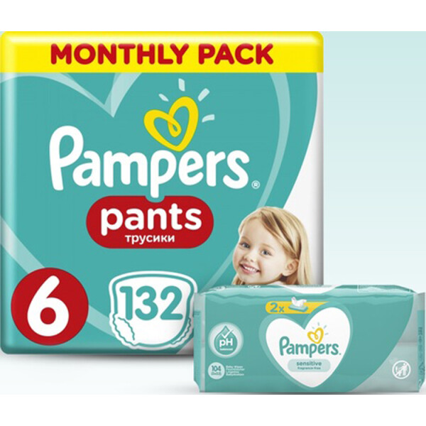 

Набор Pampers: подгузники-трусики Pampers Pants 6 (15+ кг), 132 шт. + влажные салфетки Sensitive, 104 шт. (2 уп. по 52 шт.)