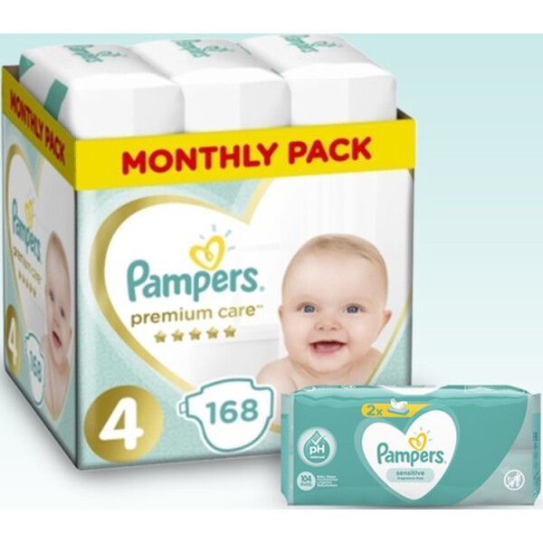 

Набор Pampers: подгузники Premium Care 4 (9-14 кг), 168 шт. + влажные салфетки Sensitive, 104 шт. (2 уп. по 52 шт.)