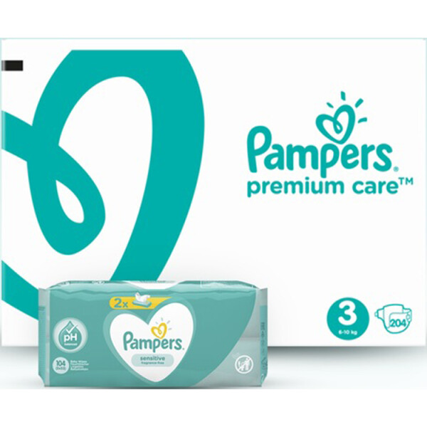 

Набор Pampers: подгузники Premium Care 3 (6-10 кг), 204 шт. + влажные салфетки Sensitive, 104 шт. (2 уп. по 52 шт.)
