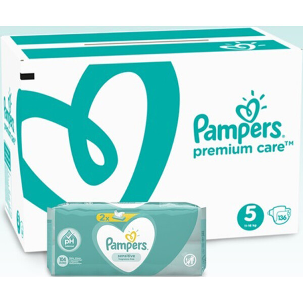 

Набор Pampers: подгузники Premium Care Junior 5 (11-16 кг), 136 шт. + влажные салфетки Sensitive, 104 шт. (2 уп. по 52 шт.)