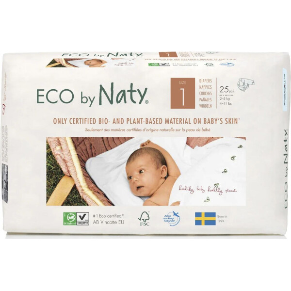 

Одноразовые детские подгузники "ECO BY NATY". Размер 1, 25 шт. в упаковке