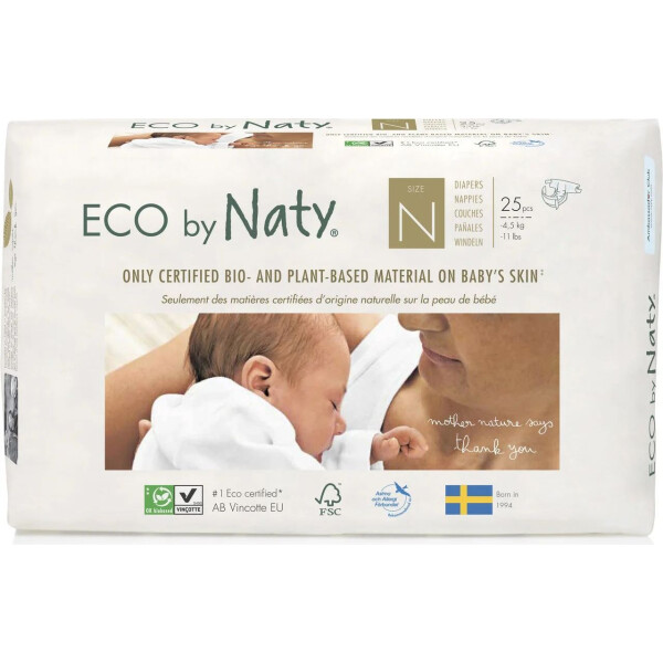 

Одноразовые детские подгузники "ECO BY NATY". Размер NEW BORN, 25 шт. в упаковке