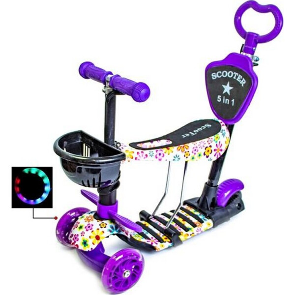 

Самокат Scooter 5 в 1 Фиолетовый Цветочек с рисунком и родительской ручкой