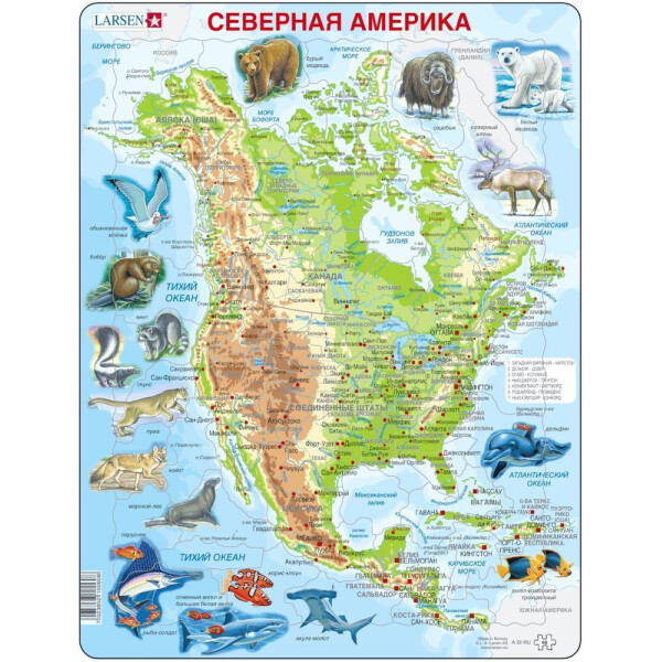 

Пазл рамка-вкладыш LARSEN Карта Северной Америки с животными, серия МАКСИ (A32-RU)