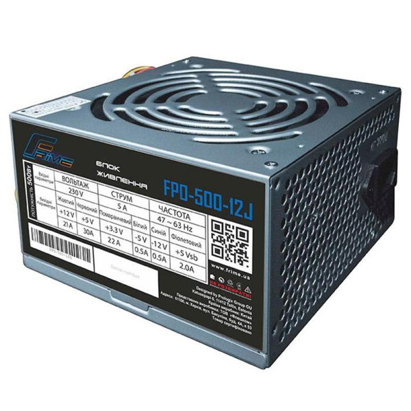 

Frime FPO-500-12J; 2 molex(hdd), 2 sata, 24+4pin, шнур питания 220В