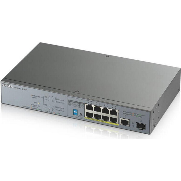 

Коммутатор ZYXEL GS1300-10HP (1хGE, 8xGE PoE, 1хSFP, Max PoE 130W, металл, extended range)