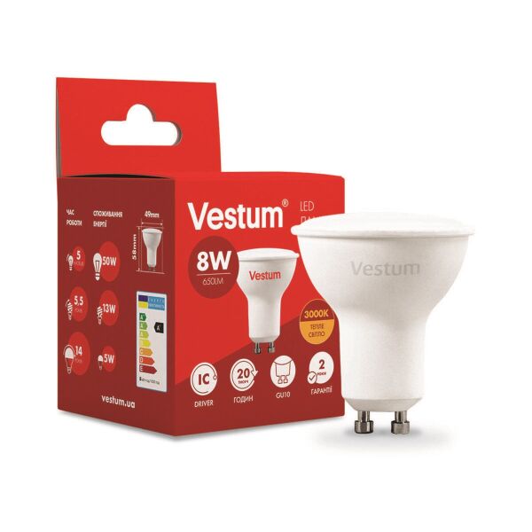 

Лампа светодиодная Vestum LED MR16 8W 3000K 220V GU10