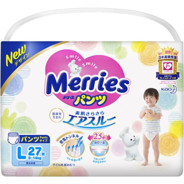 

Подгузники-трусики Merries для детей размер L 9-14 кг 27 шт (4901301230621)
