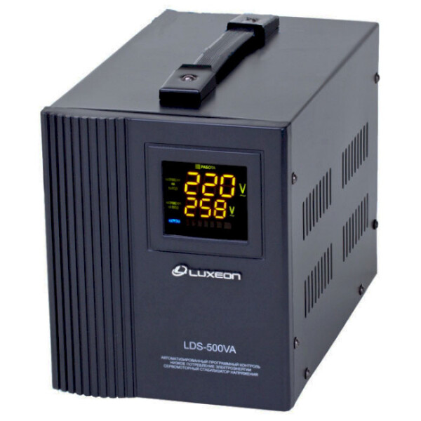 

Стабилизатор напряжения сервоприводный LUXEON LDS-500, 500VA, 350ВТ, LСD, 140-260V, 220 ± 3%, 2 Shuko, Металл, Black