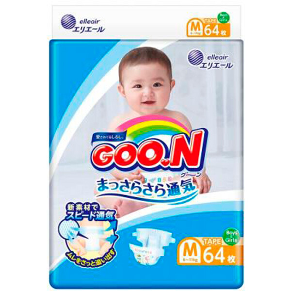 

Подгузники GOO.N для детей 6-11 кг (размер M, на липучках, унисекс, 64 шт) (853943)
