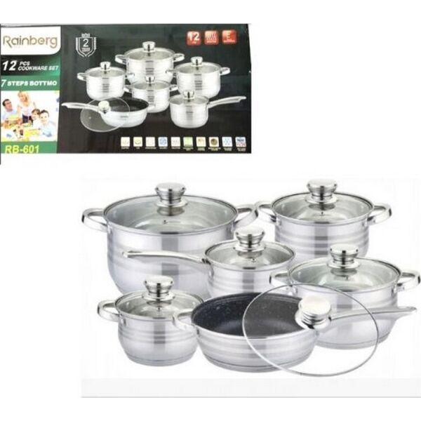 

Набор кухонной посуды для всех видов плит (индукционных, электрических, газовых, галогеновых и стеклокерамических) из 12 предметов из нержавеющей стали с стеклянными крышками с паровыпуском RB-601