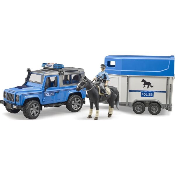 

Джип BRUDER Land Rover Defender с прицепом и фигурка полицейского с конем (02588)