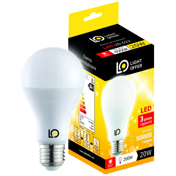

Лампа светодиодная Light Offer A80 20W E27 4000K 2200 (LЕD-20-022)