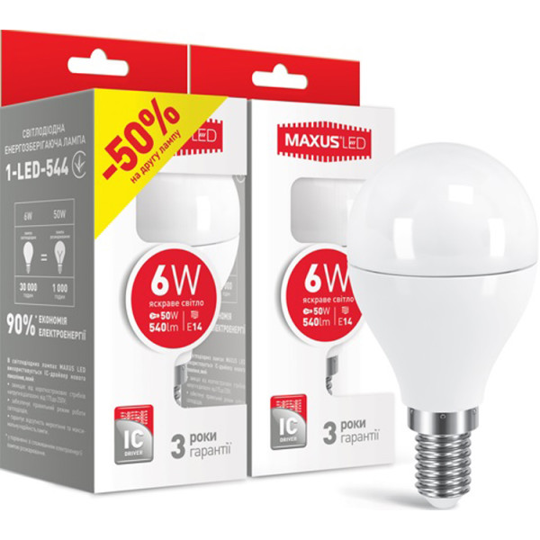 

Лампа светодиодная MAXUS G45 6W 4000К E14 (2-LED-544)